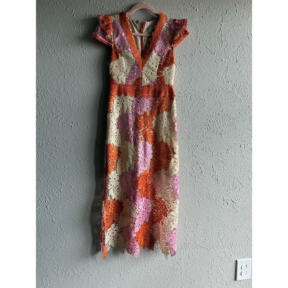 Adelyn Rae Crochet Lace Midi Dress XS Floral Orange Pink Boho‎ V-Neck